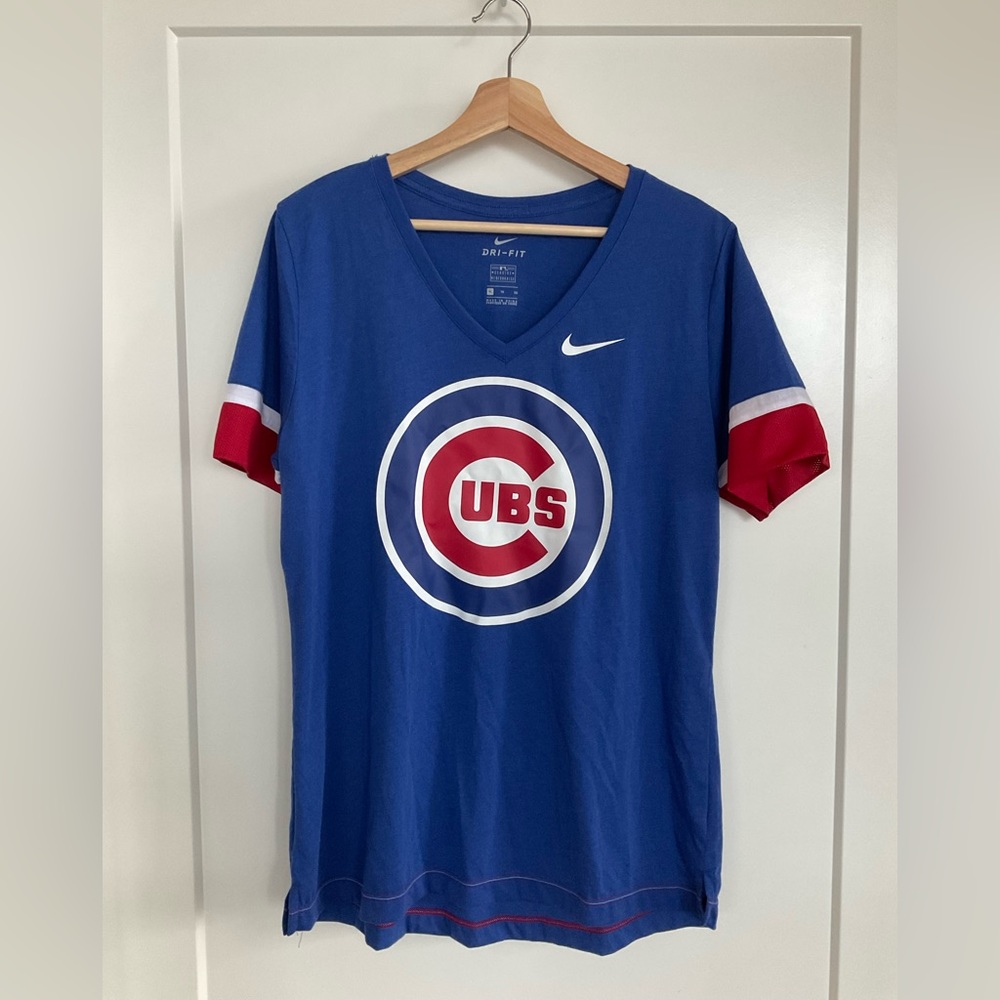 Womens Cubs Vneck Tshirt - MLB Chicago Baseball Blue Red Nike - Sz XL Stretchy